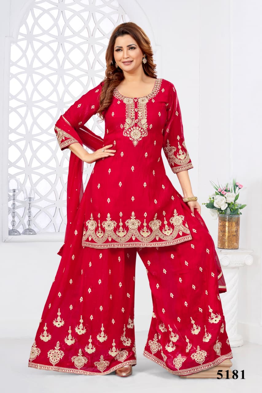 Shree Shanti Selection - Women's Red Embroidered Palazzo Suit